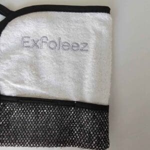 exfoleez washcloth with white logo