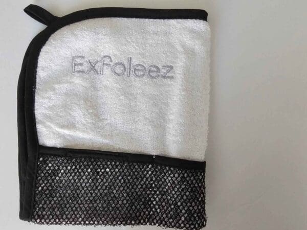 exfoleez washcloth with white logo